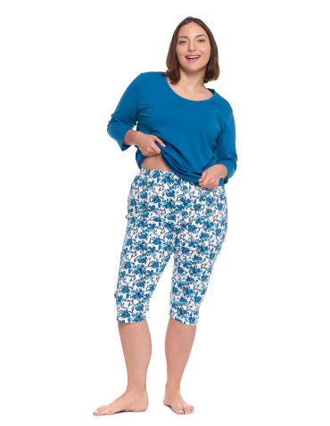 Długi rękaw - Damska piżama 3/4 rękaw spodnie w kwiatowym wzorze Plus Size NIEBIESKI - produkt 3