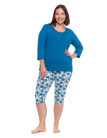 Długi rękaw - Damska piżama 3/4 rękaw spodnie w kwiatowym wzorze Plus Size NIEBIESKI - produkt 5