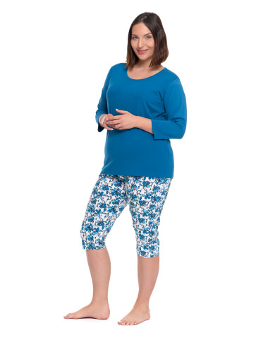 Długi rękaw - Damska piżama 3/4 rękaw spodnie w kwiatowym wzorze Plus Size NIEBIESKI - produkt 1