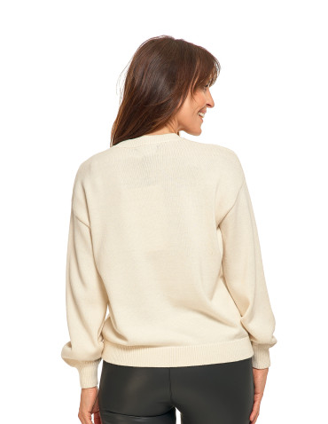 Swetry - Sweter damski bawełniany oversize z aplikacją kwiatową KREMOWY - produkt 4