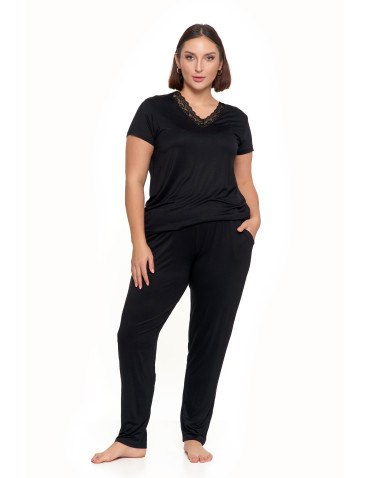 Krótki rękaw - Piżama damska Plus Size z wiskozy z koronkowym dekoltem CZARNY - produkt 1
