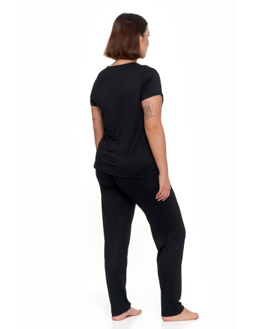 Krótki rękaw - Piżama damska Plus Size z wiskozy z koronkowym dekoltem CZARNY - produkt 2