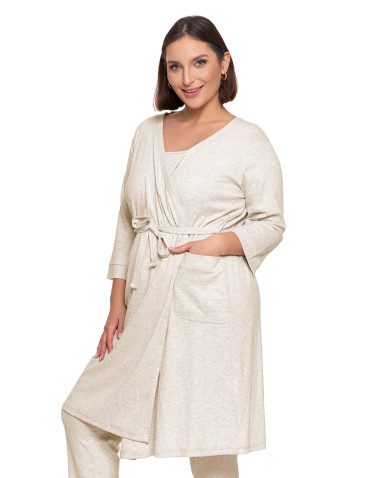 Szlafroki - Krótki szlafrok damski Plus Size z prążkowanej dzianiny BEŻOWY - produkt 2