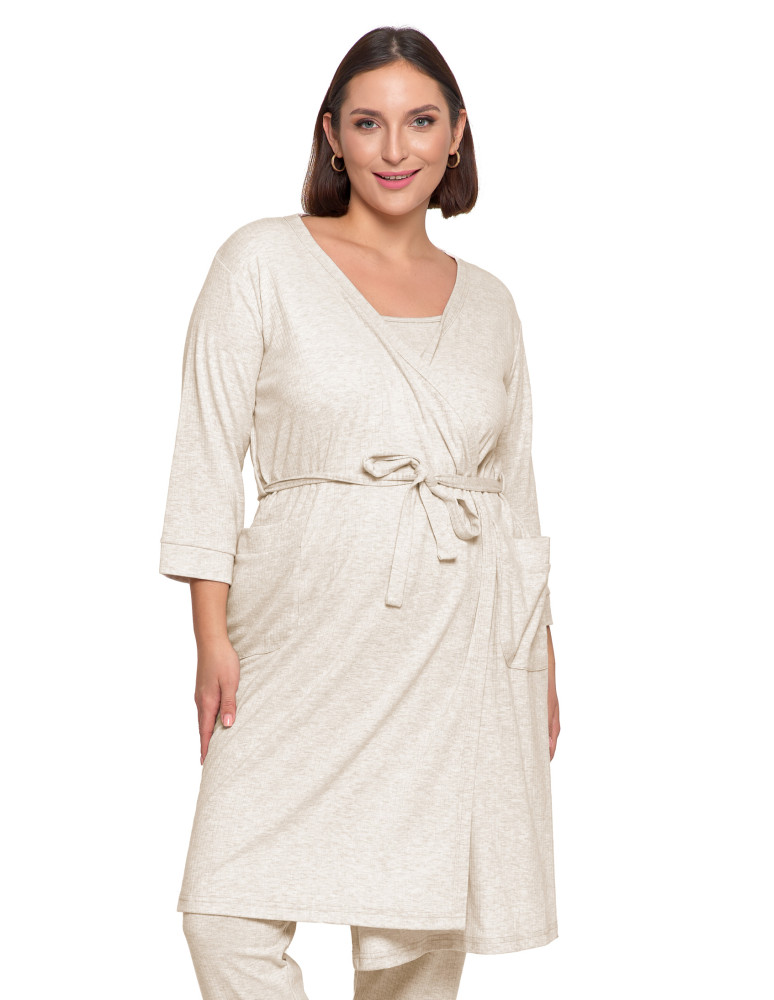 Szlafroki - Krótki szlafrok damski Plus Size z prążkowanej dzianiny BEŻOWY - produkt moraj.pl 5