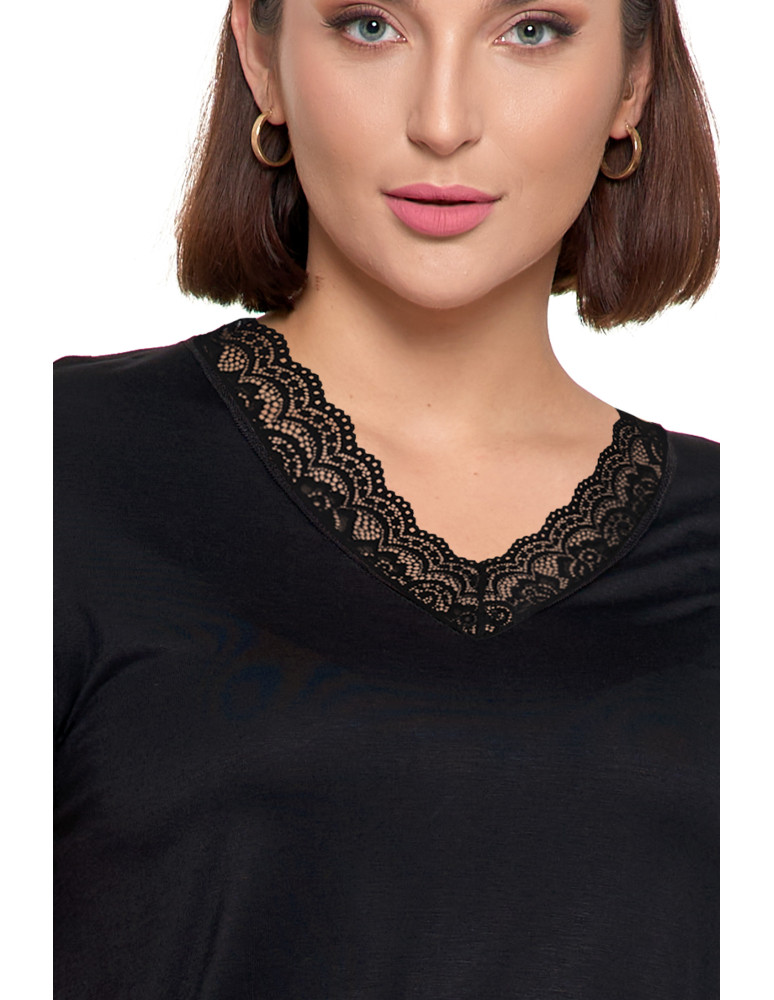 Krótki rękaw - Piżama damska Plus Size z wiskozy z koronkowym dekoltem CZARNY - produkt moraj.pl 3