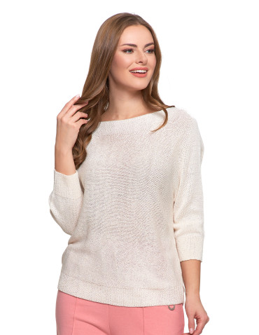 Swetry - Sweter damski ażurowy z dekoltem łódkowym BIAŁY - produkt 1