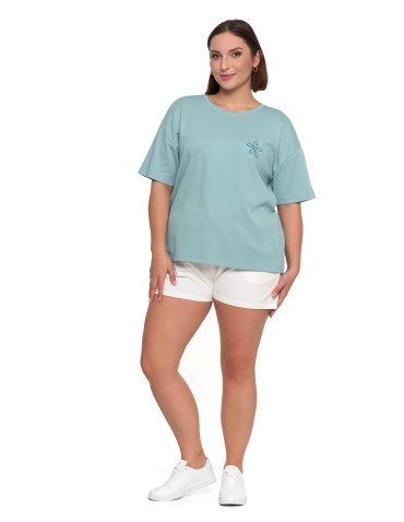 Koszulki i topy - T-shirt damski luźny z haftowanym kwiatkiem NIEBIESKI - produkt 5