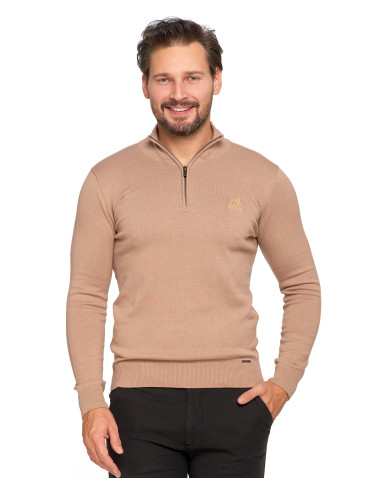 Swetry - Męski sweter bawełniane ze stójką i zamkiem BEŻOWY - produkt 1