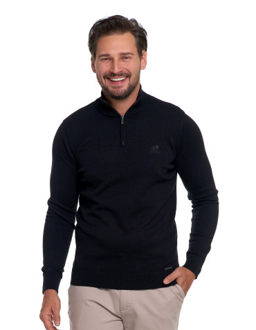 Swetry - Męski sweter bawełniane ze stójką i zamkiem CZARNY - produkt 1