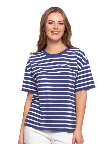 Koszulki i topy - T-shirt damski bawełniany w paski o luźnym kroju NIEBIESKI - produkt 1
