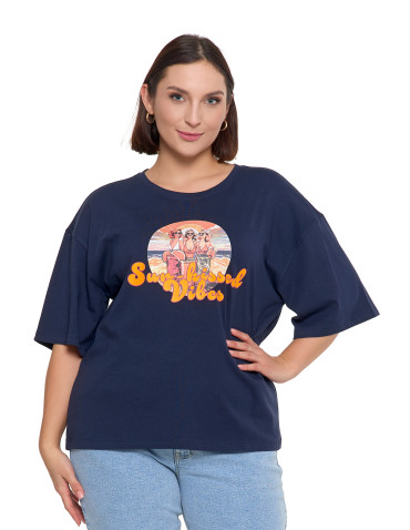 Koszulki i topy - T-shirt damski oversize z nadrukiem GRANATOWY - produkt 1