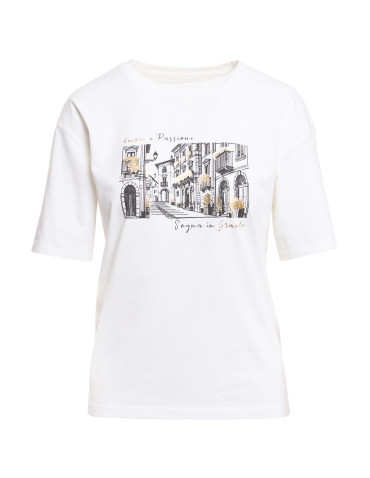 Koszulki i topy - T-shirt damski oversize z nadrukiem KREMOWY - produkt 5