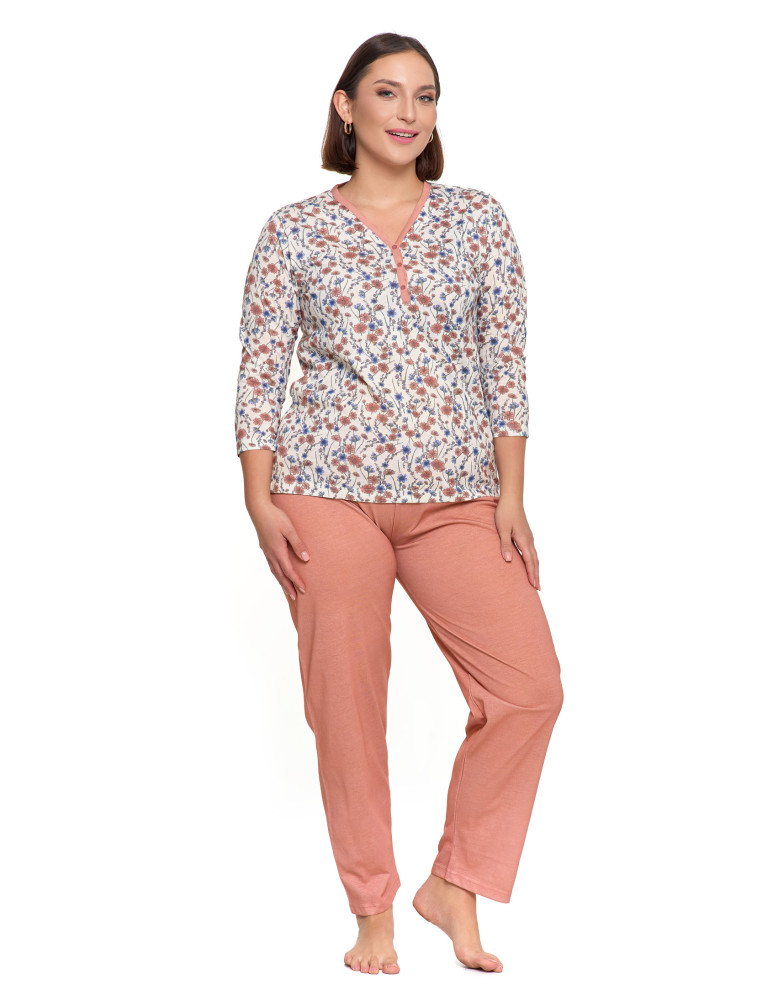 Długi rękaw - Piżama damska z 3/4 rękawem i rozpinaną bluzką Plus Size RÓŻOWY - produkt moraj.pl 1