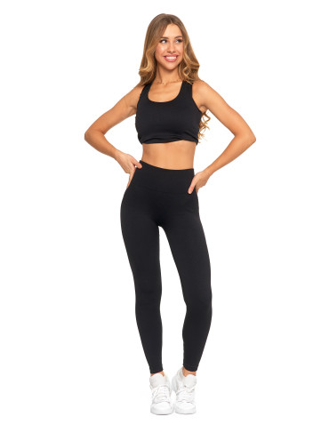 Legginsy - Legginsy damskie o wysokim stanie z prążkowaną strukturą CZARNY - produkt 1