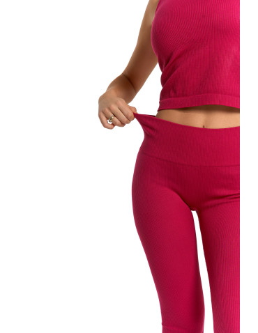 Legginsy - Legginsy damskie o wysokim stanie z prążkowaną strukturą BORDOWY - produkt 4