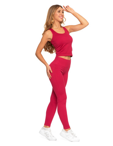 Legginsy - Legginsy damskie o wysokim stanie z prążkowaną strukturą BORDOWY - produkt 5
