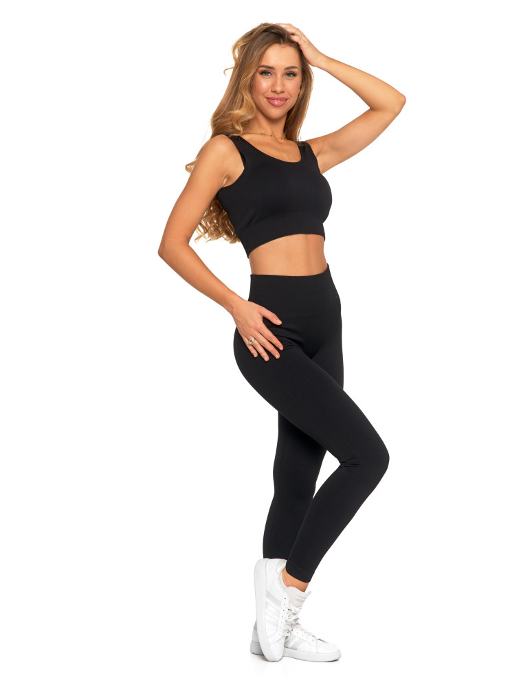 Legginsy - Legginsy damskie sportowe w prążek wysoki stan CZARNY - produkt moraj.pl 3