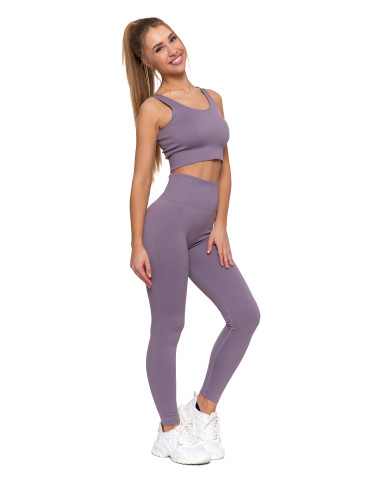 Legginsy - Legginsy damskie sportowe w prążek wysoki stan FIOLETOWY - produkt 5