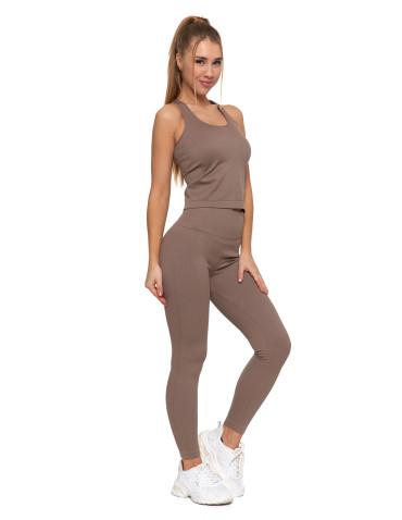 Legginsy - Legginsy damskie o wysokim stanie z prążkowaną strukturą MOKKA - produkt 3