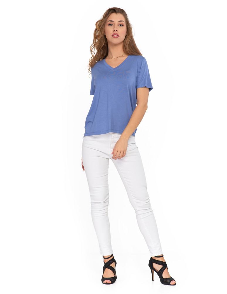 Koszulki i topy - T-shirt damski z nadrukiem z wiskozy NIEBIESKI - produkt moraj.pl 4