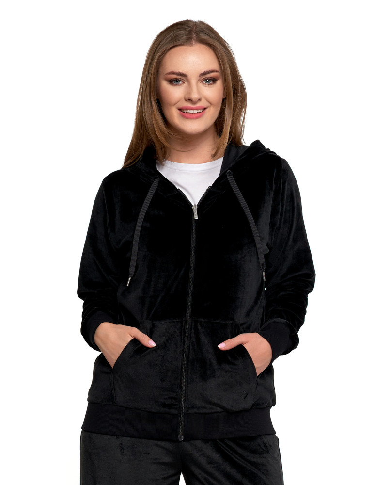 Bluzy - Damska welurowa bluza z kapturem i zamkiem CZARNY - produkt moraj.pl 1