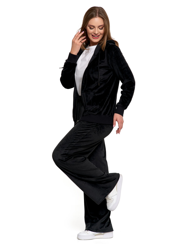 Bluzy - Damska welurowa bluza z kapturem i zamkiem CZARNY - produkt moraj.pl 4