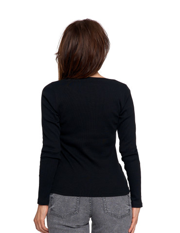 Bluzki i koszule - Bluzka damska bawełniana w prążek longsleeve CZARNY - produkt 3
