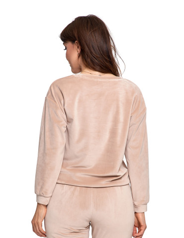 Bluzy - Bluza damska welurowa bez kaptura z haftem BEŻOWY - produkt 2