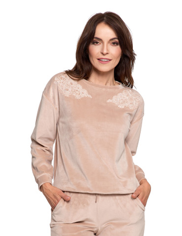 Bluzy - Bluza damska welurowa bez kaptura z haftem BEŻOWY - produkt 7