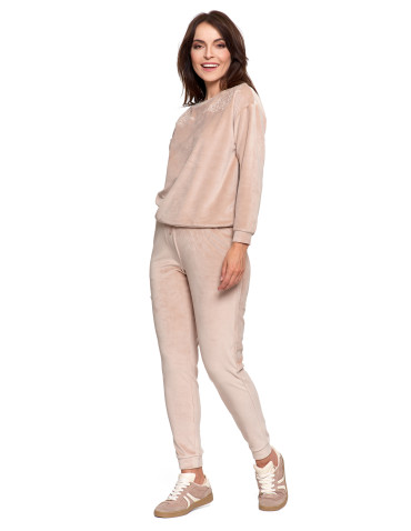 Bluzy - Bluza damska welurowa bez kaptura z haftem BEŻOWY - produkt 10