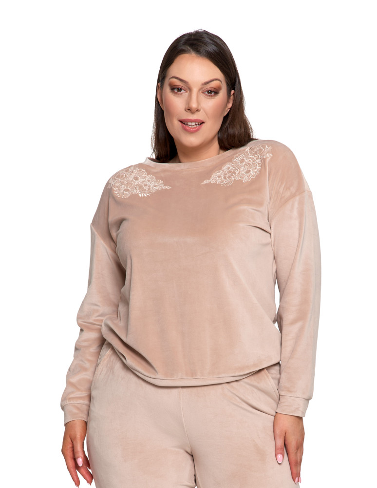 Bluzy - Bluza damska welurowa bez kaptura z haftem BEŻOWY - produkt moraj.pl 13