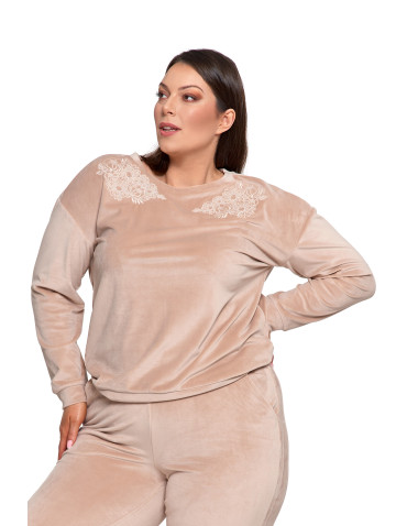 Bluzy - Bluza damska welurowa bez kaptura z haftem BEŻOWY - produkt 14