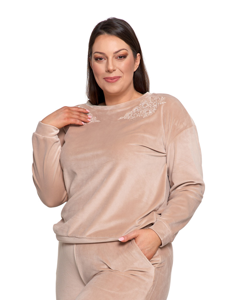 Bluzy - Bluza damska welurowa bez kaptura z haftem BEŻOWY - produkt moraj.pl 16