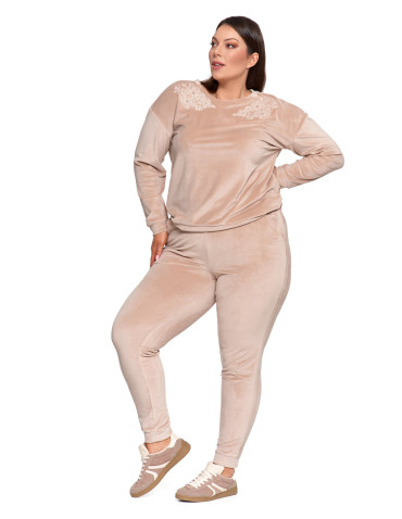 Bluzy - Bluza damska welurowa bez kaptura z haftem BEŻOWY - produkt 20