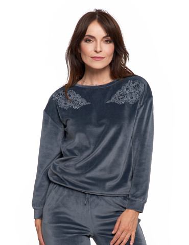 Bluzy - Bluza damska welurowa bez kaptura z haftem GRAFITOWY - produkt 1