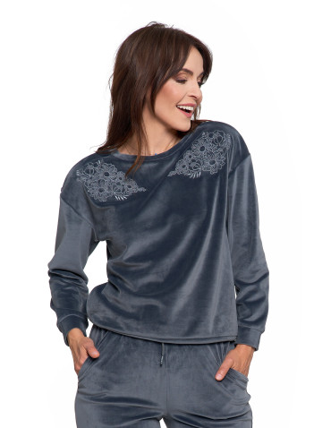 Bluzy - Bluza damska welurowa bez kaptura z haftem GRAFITOWY - produkt 5