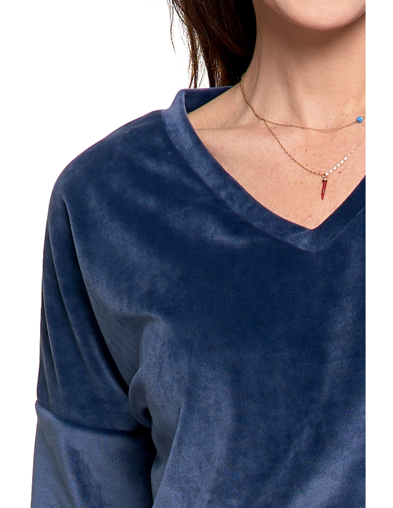 Bluzy - Bluza damska welurowa klasyczna z dekoltem V GRANATOWY - produkt moraj.pl 3