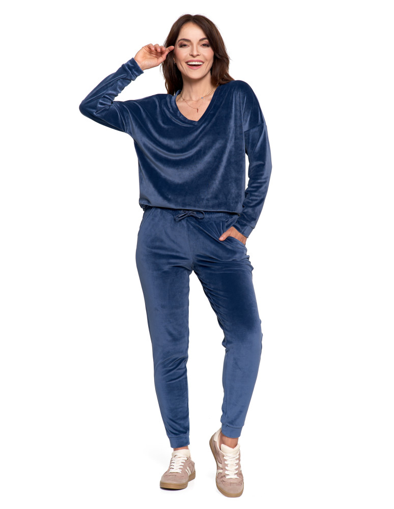 Bluzy - Bluza damska welurowa klasyczna z dekoltem V GRANATOWY - produkt moraj.pl 10