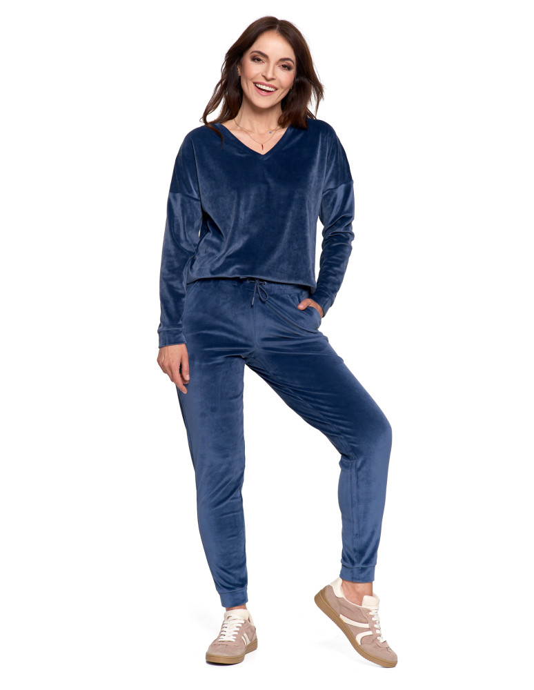 Bluzy - Bluza damska welurowa klasyczna z dekoltem V GRANATOWY - produkt moraj.pl 11
