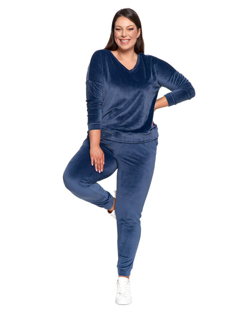 Bluzy - Bluza damska welurowa klasyczna z dekoltem V GRANATOWY - produkt moraj.pl 16