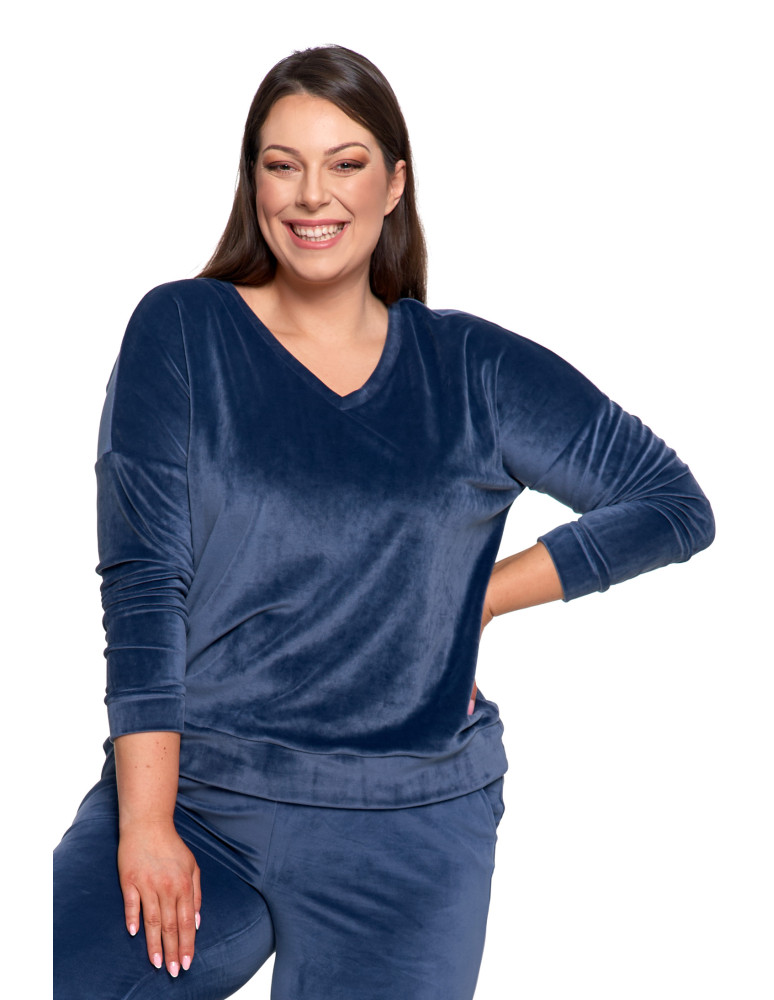 Bluzy - Bluza damska welurowa klasyczna z dekoltem V GRANATOWY - produkt moraj.pl 12
