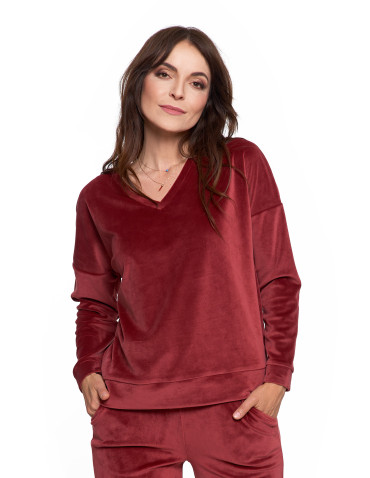 Bluzy - Bluza damska welurowa klasyczna z dekoltem V BORDOWY - produkt 1