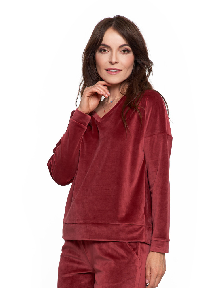 Bluzy - Bluza damska welurowa klasyczna z dekoltem V BORDOWY - produkt moraj.pl 5