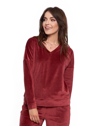 Bluzy - Bluza damska welurowa klasyczna z dekoltem V BORDOWY - produkt 6