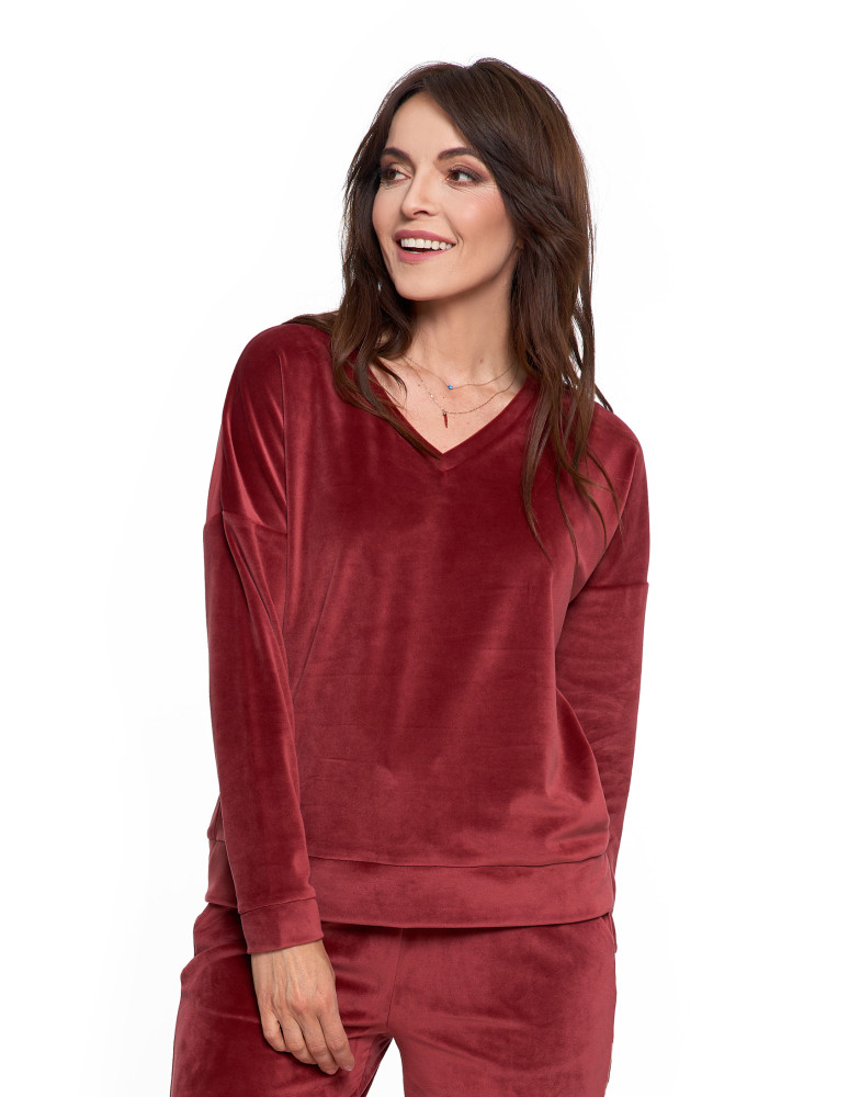 Bluzy - Bluza damska welurowa klasyczna z dekoltem V BORDOWY - produkt moraj.pl 6