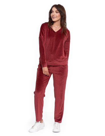 Bluzy - Bluza damska welurowa klasyczna z dekoltem V BORDOWY - produkt 10