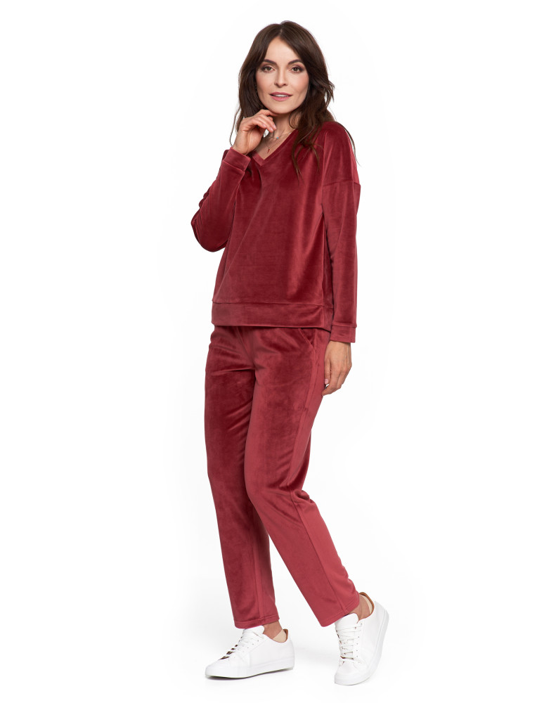 Bluzy - Bluza damska welurowa klasyczna z dekoltem V BORDOWY - produkt moraj.pl 11