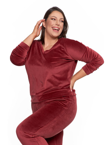 Bluzy - Bluza damska welurowa klasyczna z dekoltem V BORDOWY - produkt 14