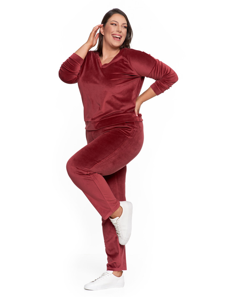 Bluzy - Bluza damska welurowa klasyczna z dekoltem V BORDOWY - produkt moraj.pl 16