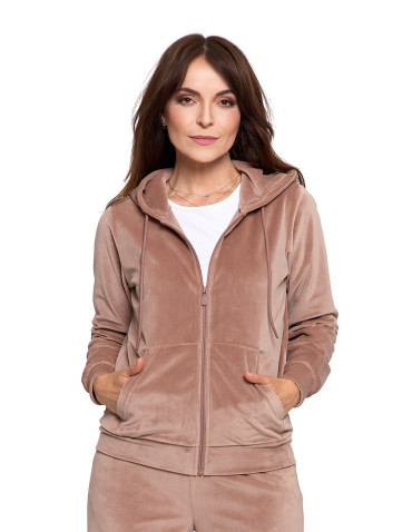 Bluzy - Bluza damska welurowa rozpinana z kapturem i kieszeniami MOKKA - produkt 1